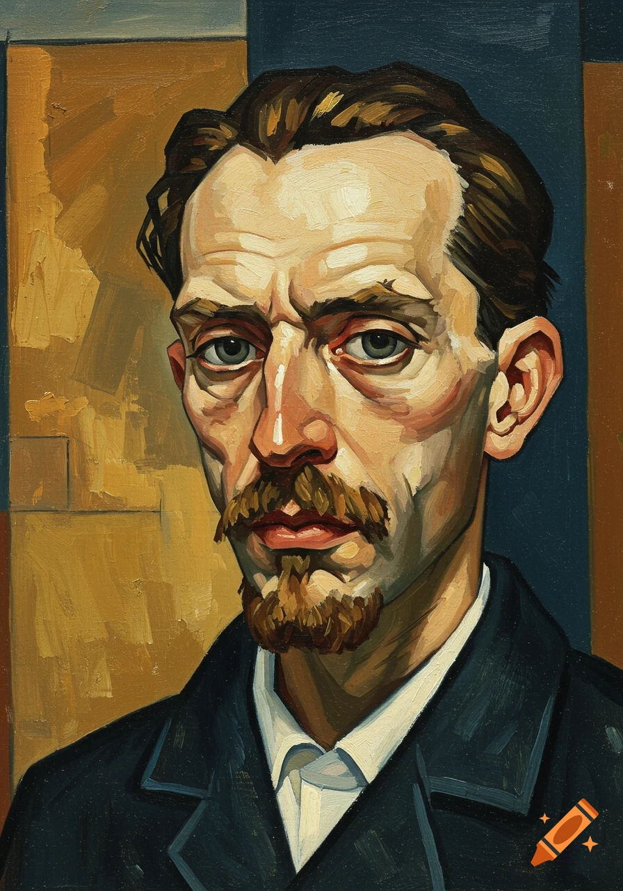 An angular, stylized oil painting of a man with a mustache and goatee, in the style of Max Beckmann.