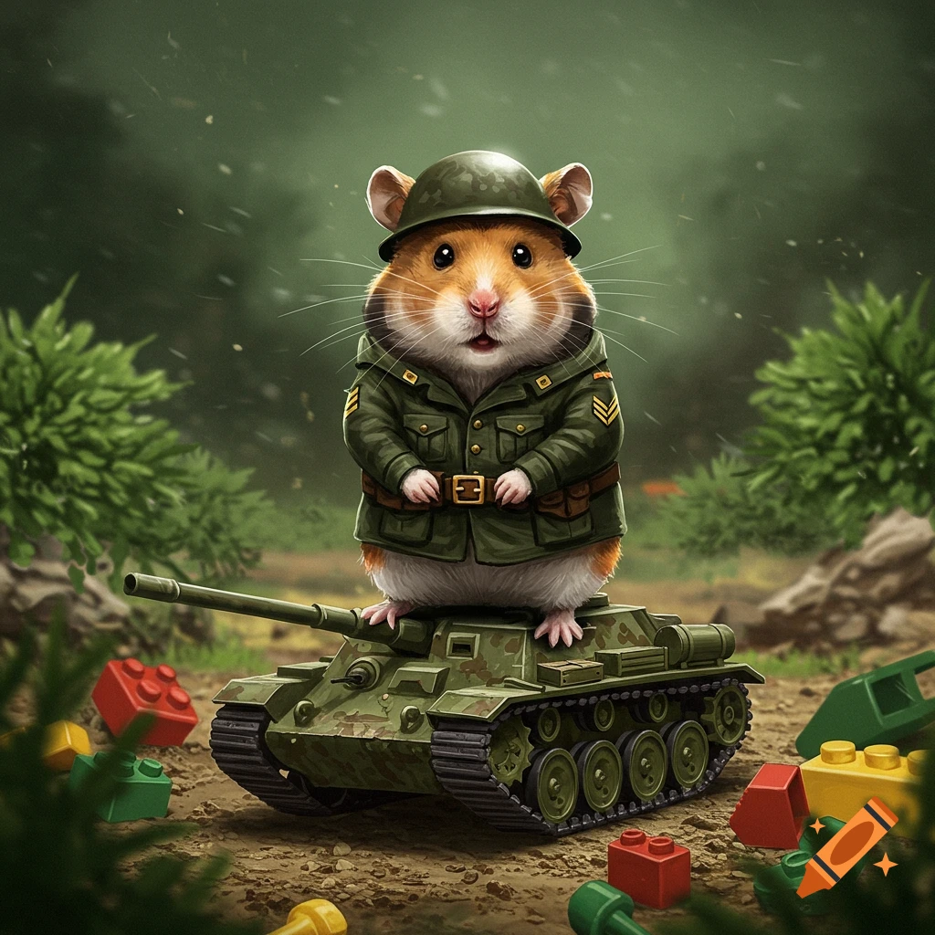 A cute hamster in a military uniform and helmet stands on a small camouflaged toy tank, surrounded by colorful Lego bricks in a forest.