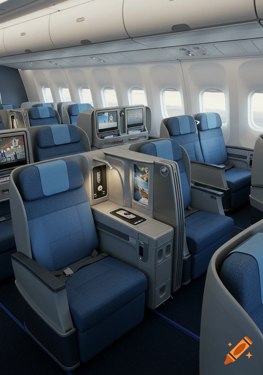 Photorealistic empty business class airplane interior with blue seats, individual entertainment screens, and window views.