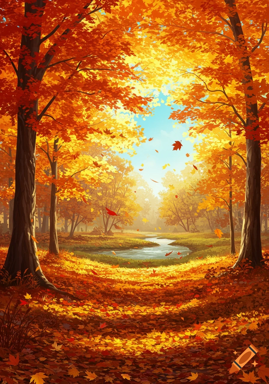 Vibrant autumn forest path with golden trees, falling leaves, and a winding stream under a clear sky.
