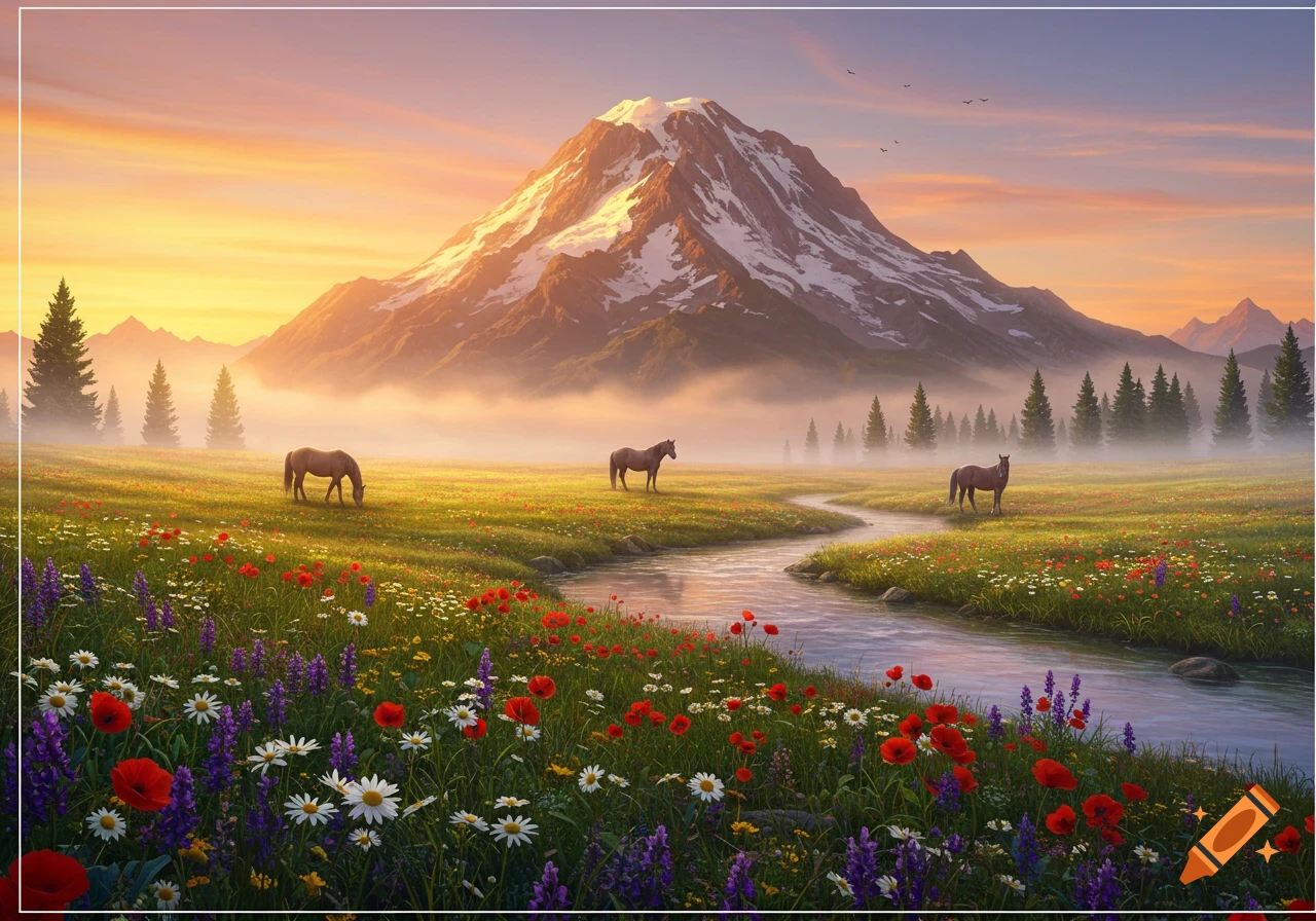 A majestic snow-capped mountain at sunrise, overlooking a vibrant meadow with wildflowers, a winding stream, and horses grazing.