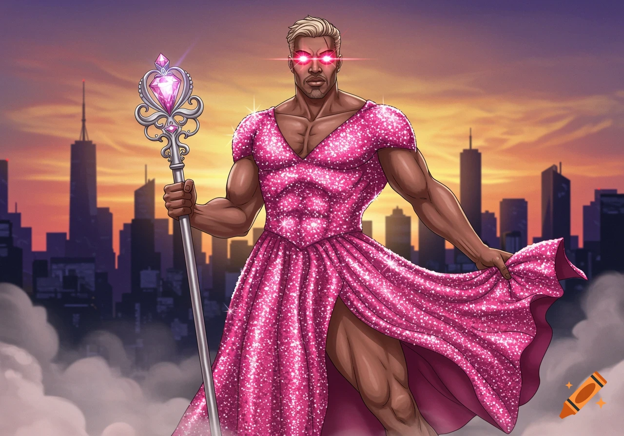 A muscular man in a glittery pink dress with laser eyes holds a scepter against a city skyline in a comic art style.