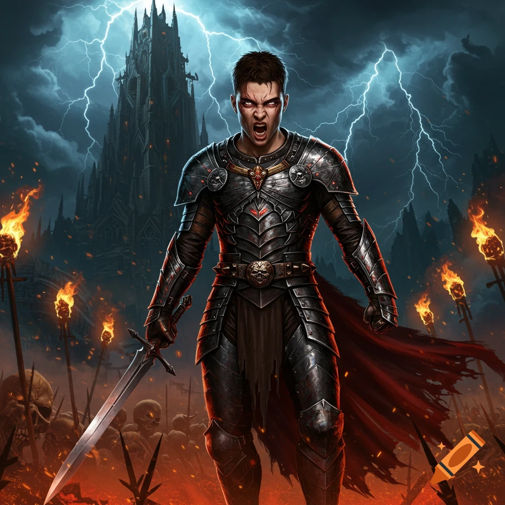 A fierce warrior in black armor, holding a sword, against a gothic castle, lightning, and skulls, in a dark fantasy style.