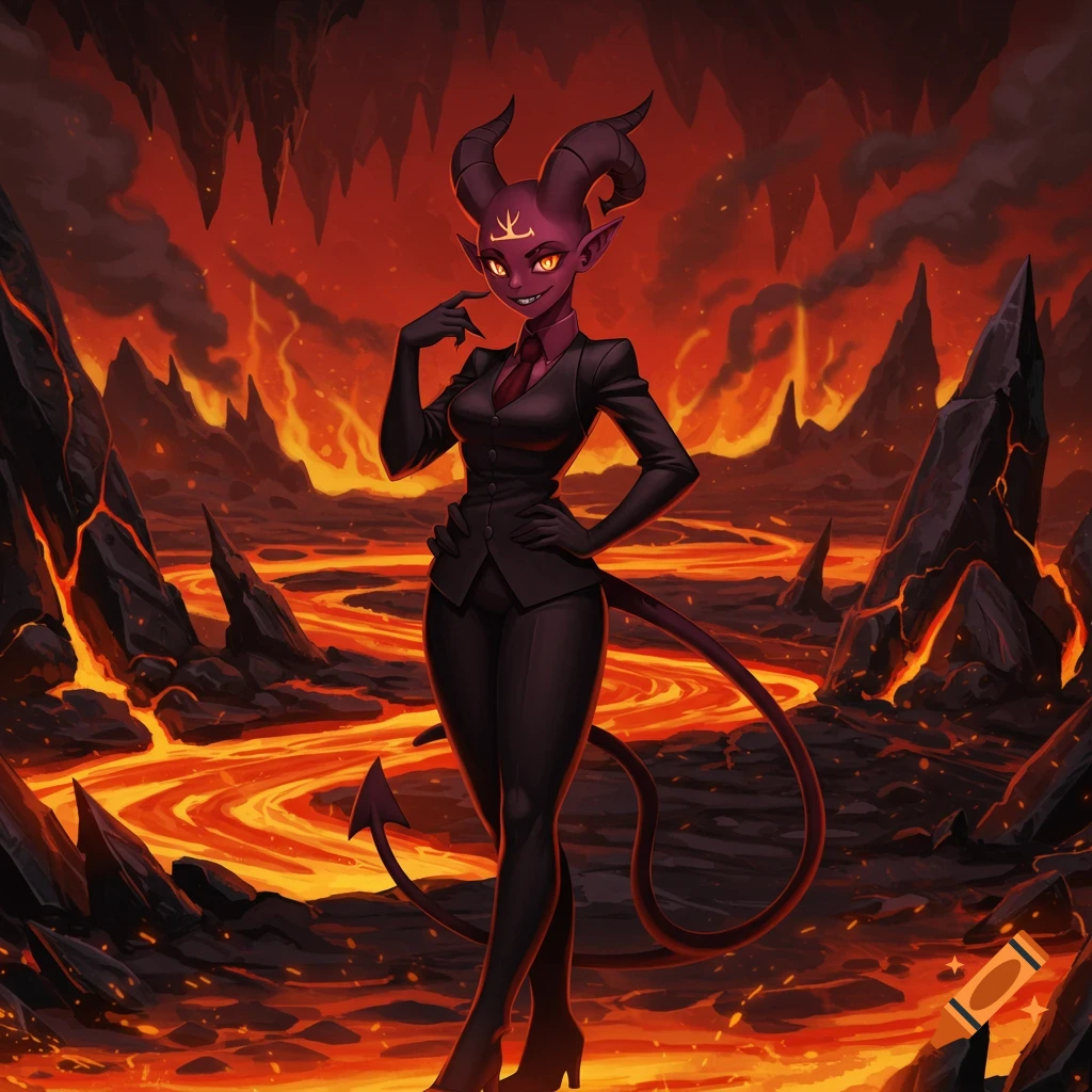 A demon girl with red skin and horns, dressed in a black business suit, stands in a hellish landscape with rivers of lava and jagged rocks.