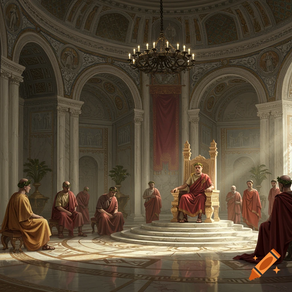 A Roman emperor sits on a golden throne in a grand marble palace, surrounded by ministers.