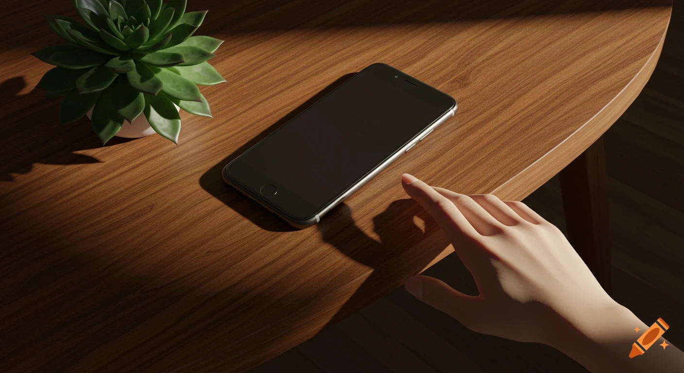 A top-down view of a hand reaching for a smartphone next to a succulent plant on a wooden table, in a ray of sunlight.