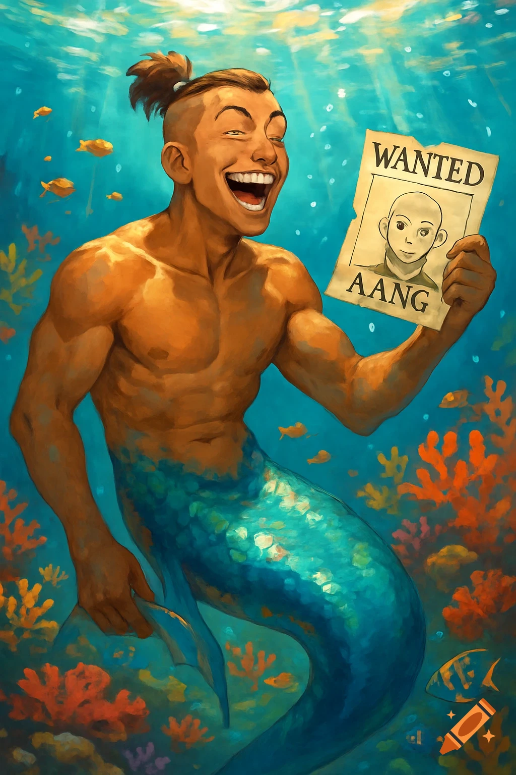 A vibrant illustration of Sokka as a merman, laughing underwater while holding a wanted poster of Aang.