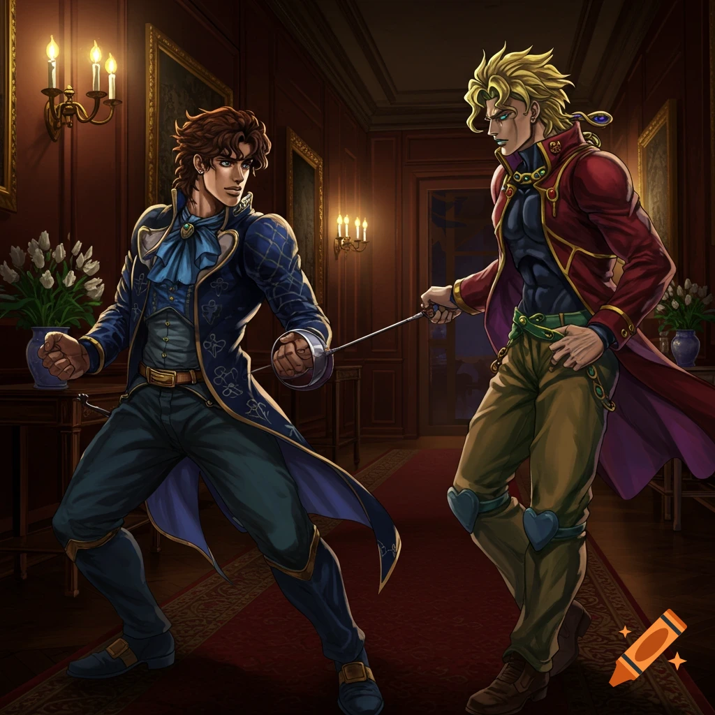 Jonathan Joestar and Dio Brando in anime style, fencing with foils in a lavish, candlelit hallway.