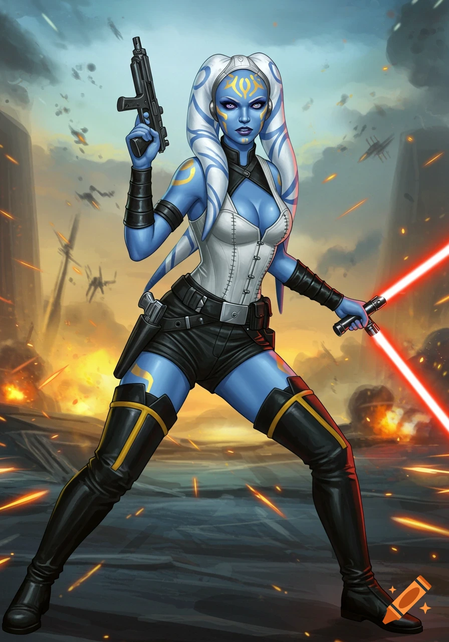 A blue-skinned alien woman with white lekku and yellow facial markings, holding a blaster and a red lightsaber in a battle stance.