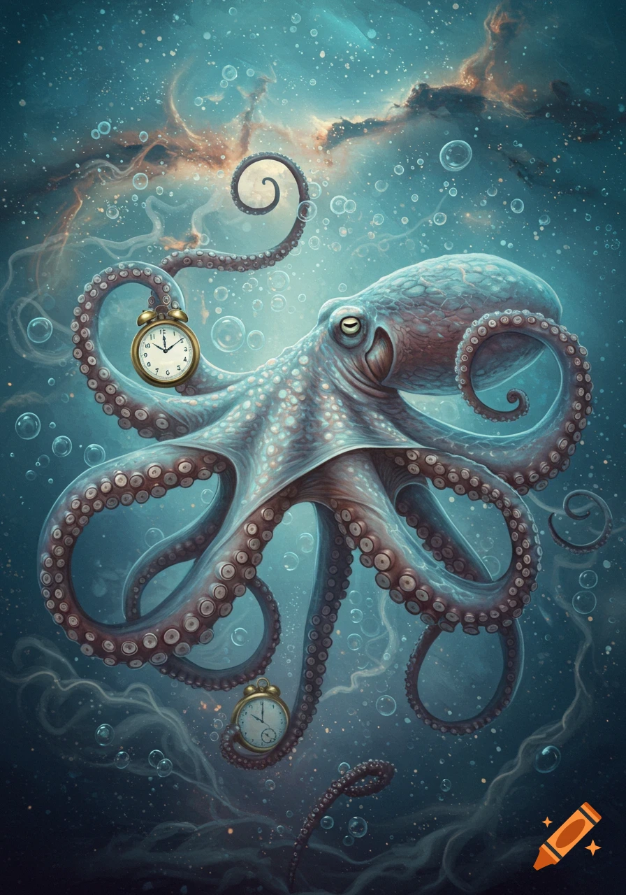 A detailed, surreal illustration of an octopus underwater, with two antique alarm clocks embedded in its tentacles, surrounded by bubbles and cosmic clouds.