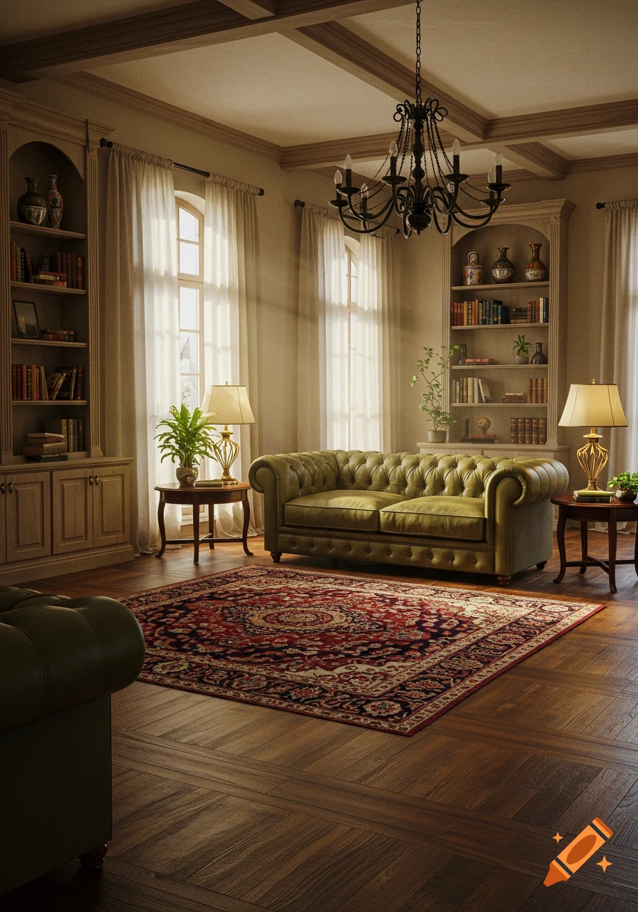 A grand, traditional living room with a green tufted leather sofa, a red patterned rug on a parquet floor, tall windows with sheer curtains, and bookshelves.