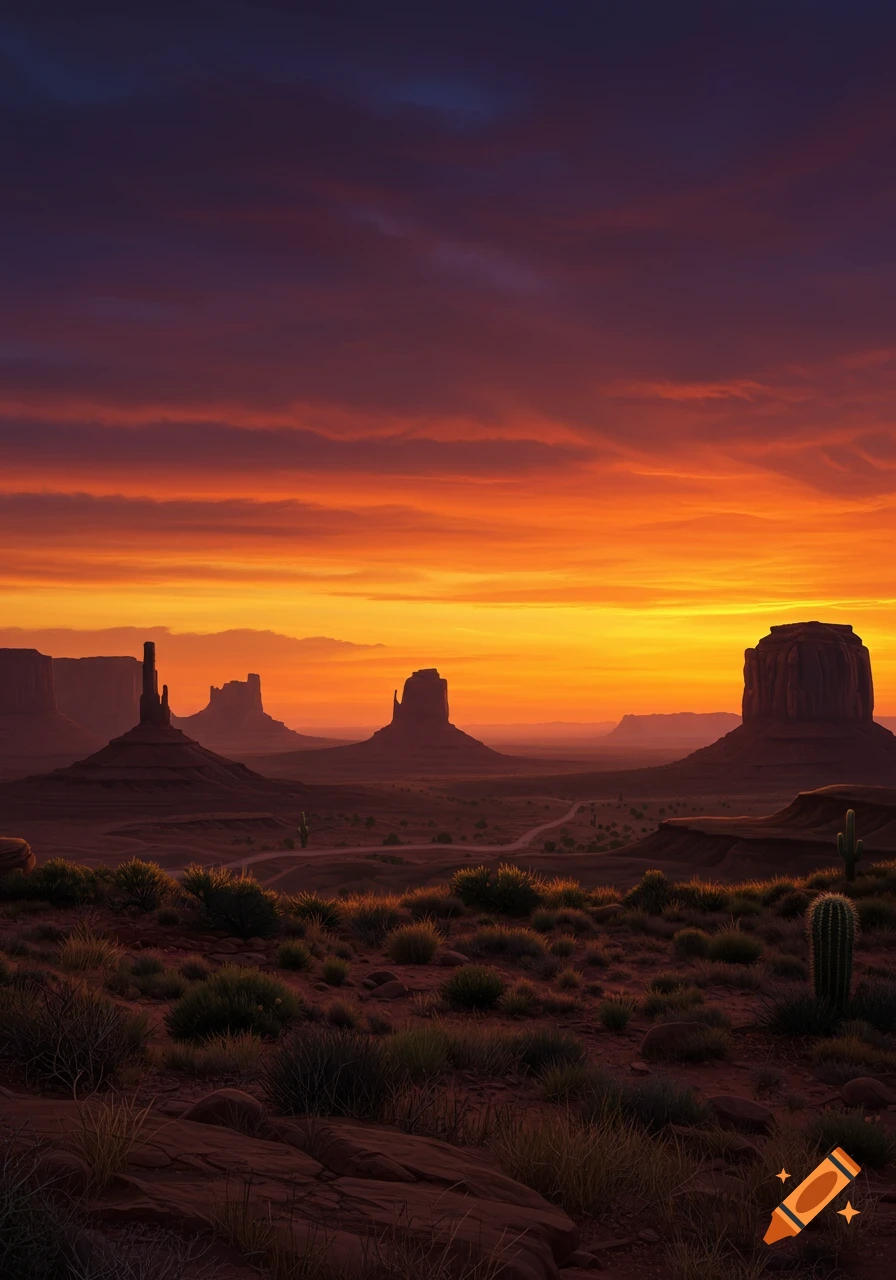 Photorealistic desert landscape at sunset, with buttes, mesas, and sparse vegetation under a vibrant orange and purple sky.