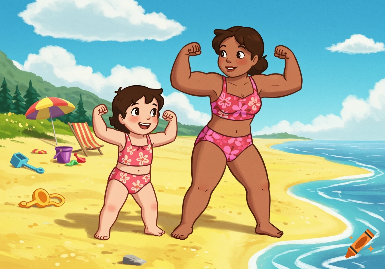 A cartoon mother and daughter in swimsuits flexing their muscles on a sunny beach.
