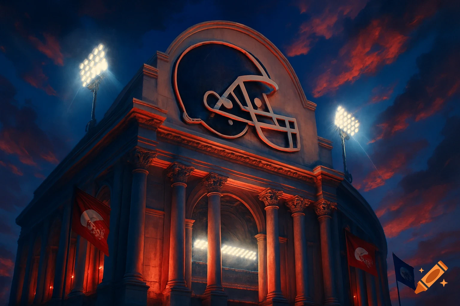 Dramatic architectural building featuring a large football helmet emblem, illuminated by stadium lights against a vivid sunset sky.