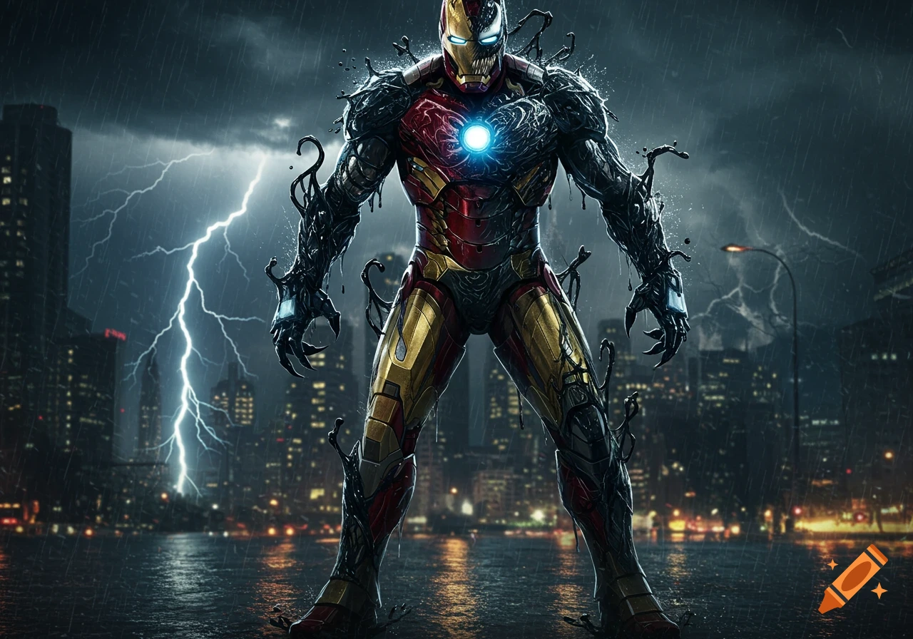 A powerful Iron Man and Venom hybrid superhero stands in a dark, rainy city street under lightning.
