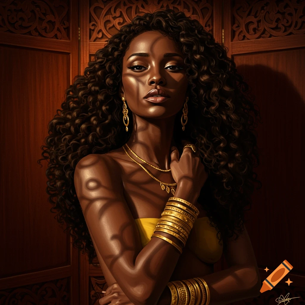 A stunning portrait of a dark-skinned woman with voluminous curly hair, adorned with ornate gold jewelry, under patterned shadows.