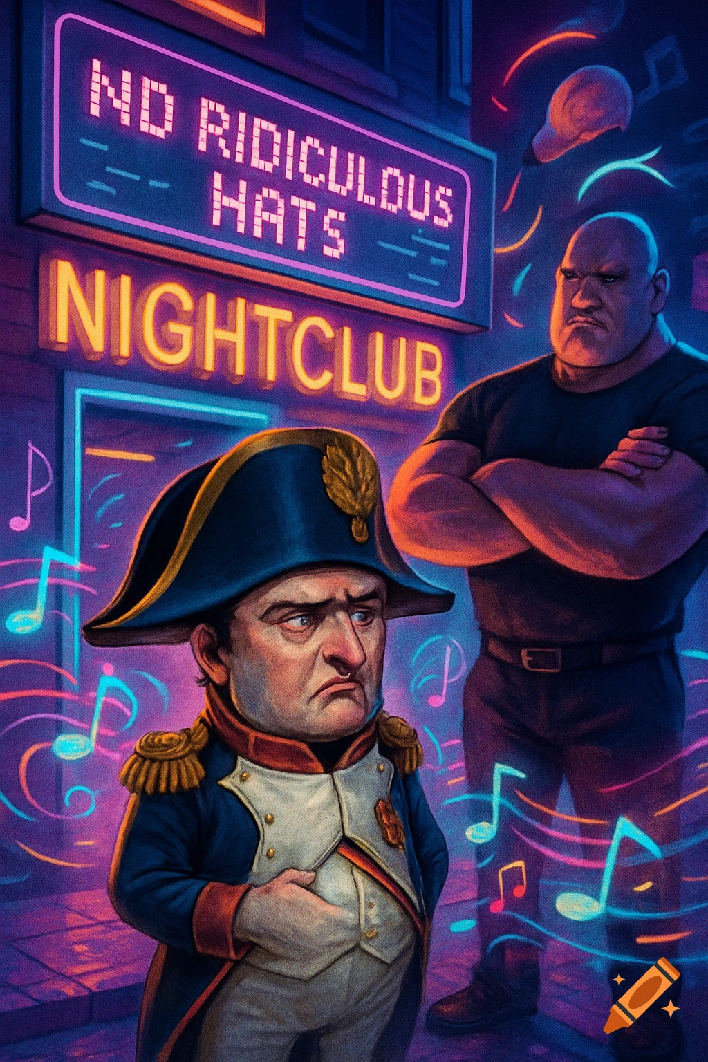 Caricature of Napoleon outside a neon-lit nightclub with a 'NO RIDICULOUS HATS' sign, watched by a stern bouncer.
