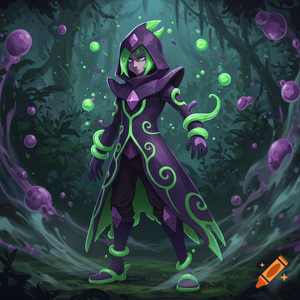 Stylized character resembling a Poison Pokemon trainer in a dark forest, wearing purple and neon green with glowing accents and swirling purple effects.