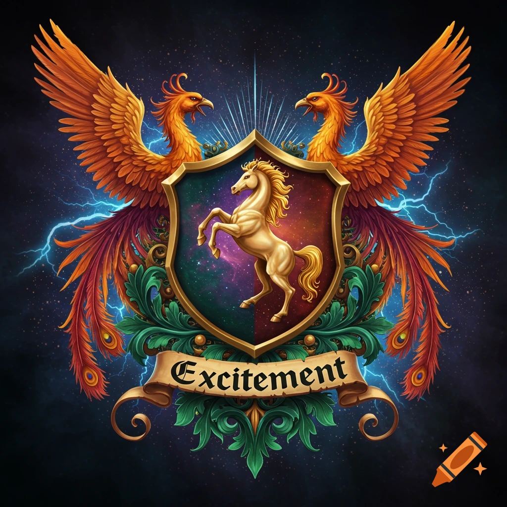 A vibrant coat of arms featuring two orange phoenixes with spread wings, a golden unicorn on a shield, and a banner reading "Excitement".