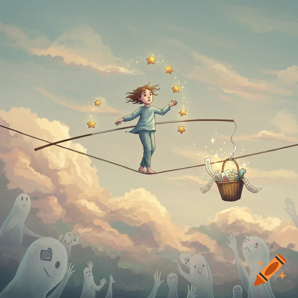 A barefoot child walks a tightrope in the clouds, juggling golden stars, while ghost-like figures reach up from below. A basket of papers hangs from the rope.