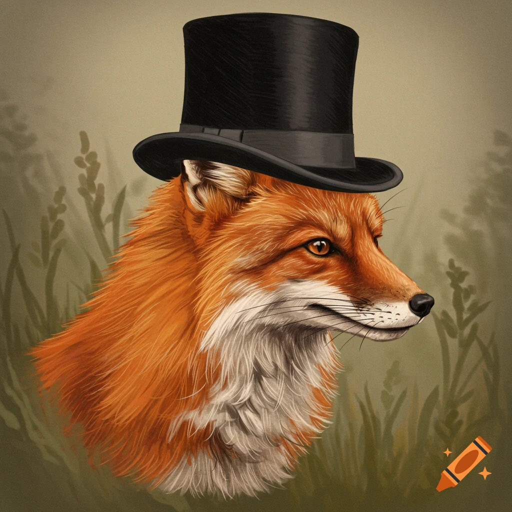 Illustration of a fox wearing a black top hat, looking right, with a green, blurry background.