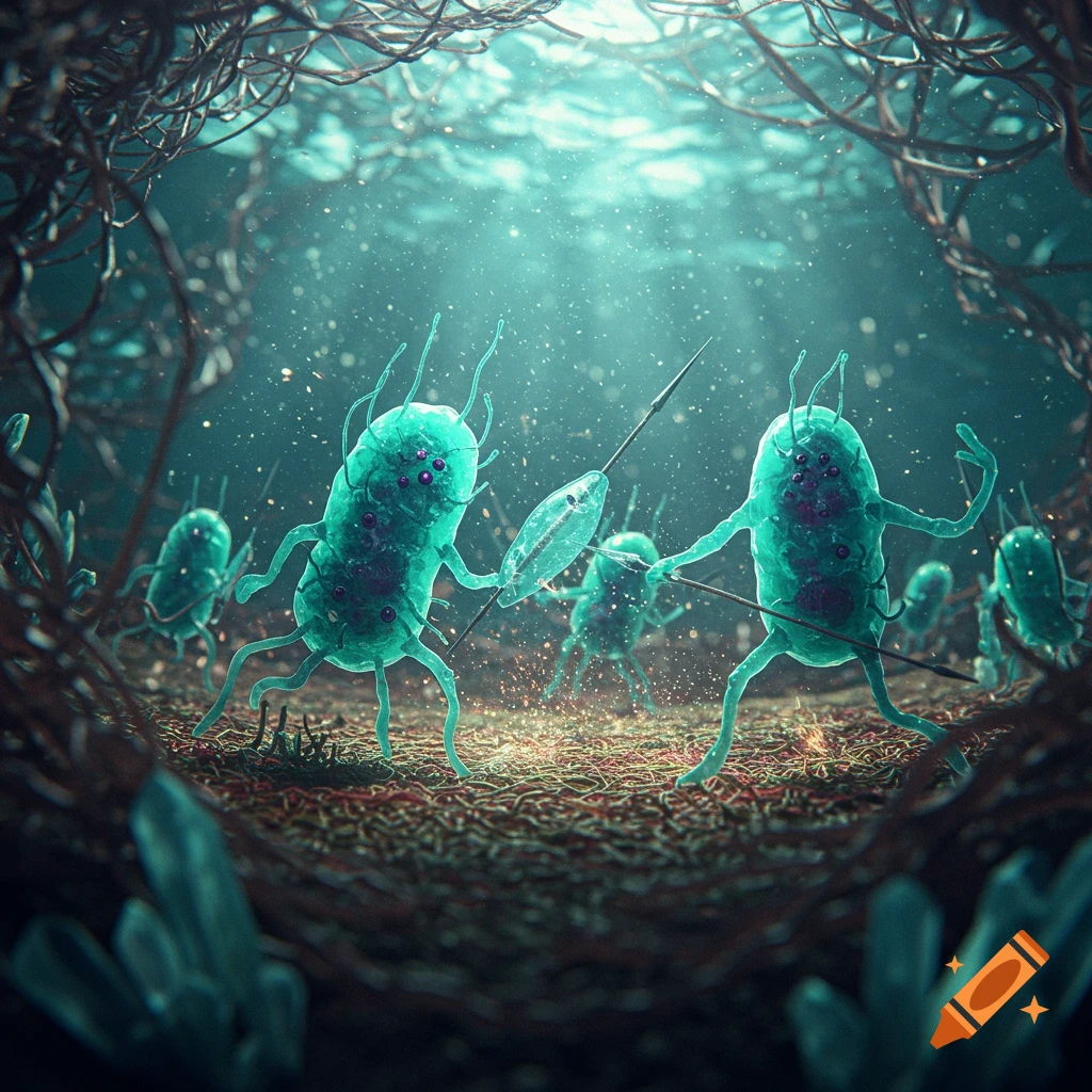 Detailed close-up of luminous, teal-colored amoeba gladiators battling with tiny spears and shields in a murky, root-filled underwater cavern.