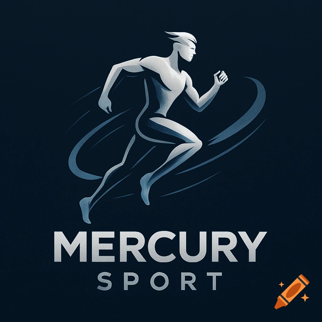 Stylized blue and white logo of a muscular runner above 'MERCURY SPORT' text.