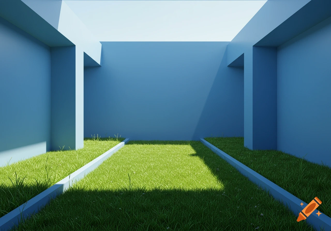 Minimalist blue architectural room with a vibrant green grass floor and stark shadows, under a bright sky.