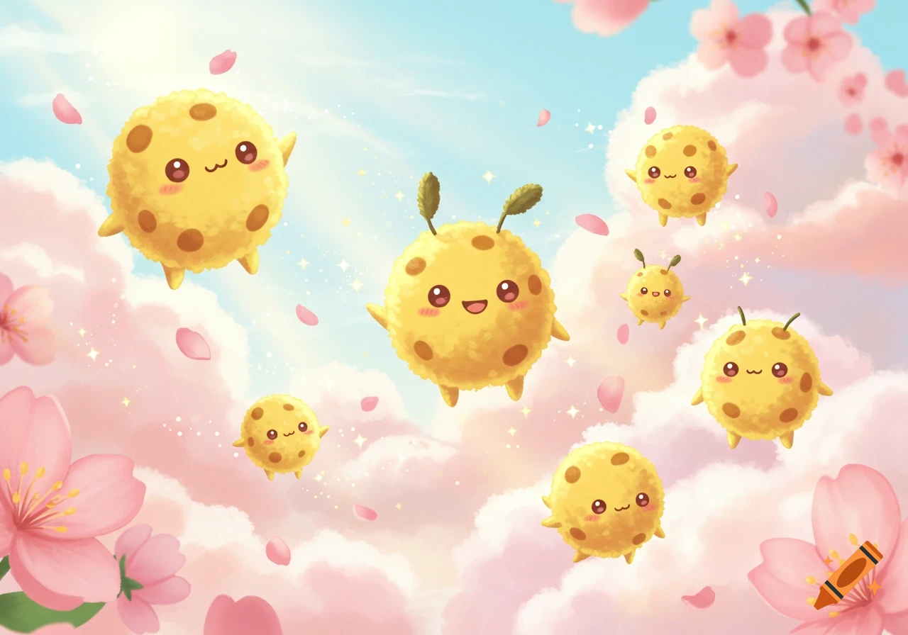 Kawaii illustration of fluffy yellow creatures with cute faces floating amidst pink cherry blossoms and clouds in a blue sky.