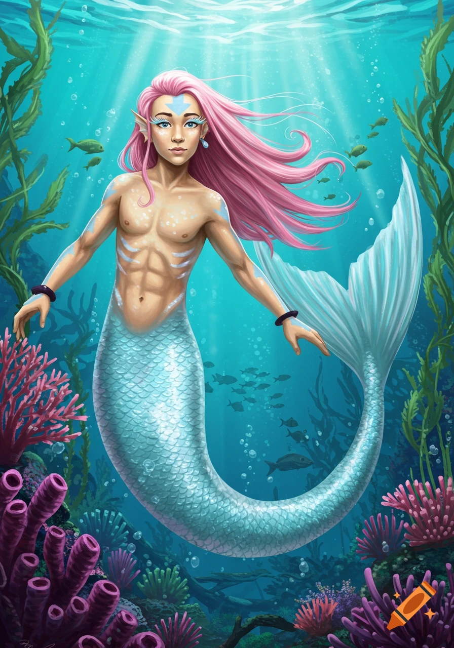 A vibrant illustration of a merman with long pink hair and a blue arrow on his forehead, swimming in a colorful underwater reef with fish and coral.