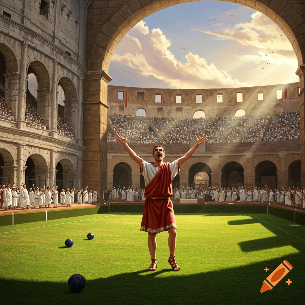 A jubilant Roman man in a toga celebrates in the center of the Colosseum, which has a green lawn with dark balls, surrounded by cheering spectators. Photorealistic.