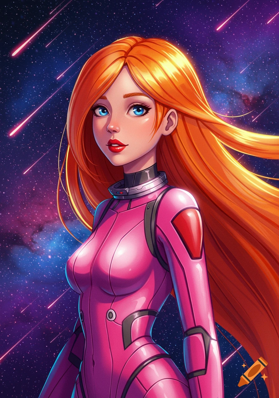 A 2D animated portrait of a beautiful woman with long orange hair, blue eyes, and red lips, in a pink space suit, against a starry space background with meteors.