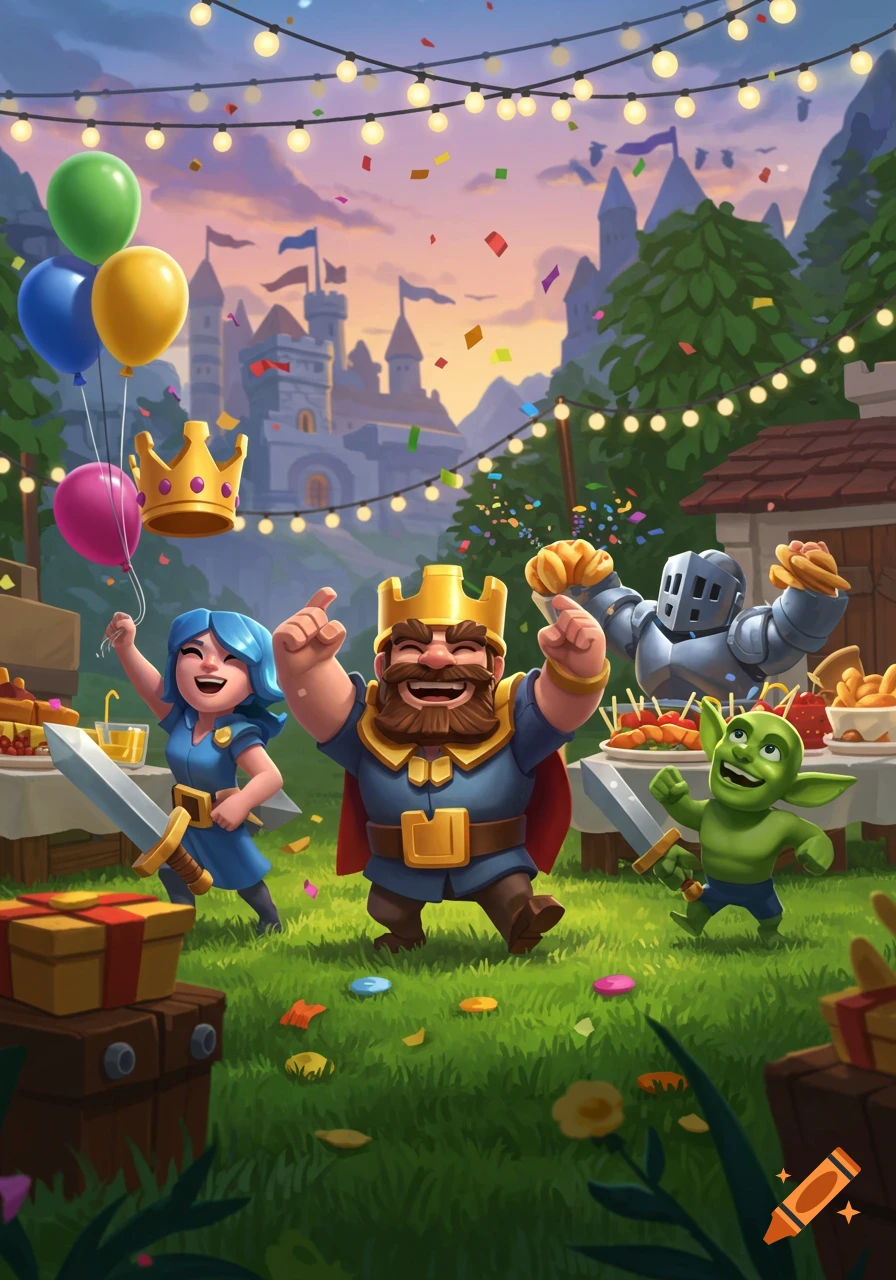 Clash Royale characters, King, Archer Queen, Knight, and Goblin, celebrate at an outdoor party with balloons and confetti in front of a castle.