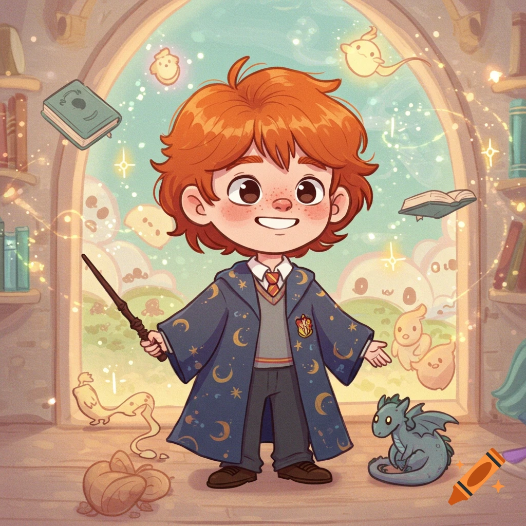 Cute cartoon of a red-haired boy wizard holding a wand, with floating books, magical spirits, and a baby dragon in a whimsical library.