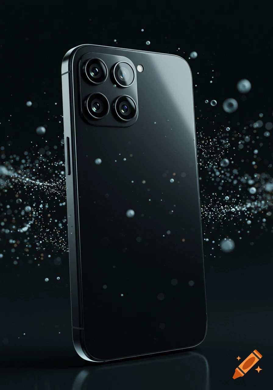 Photorealistic rendering of a black smartphone with four cameras on its back, surrounded by sparkling particles on a dark background.