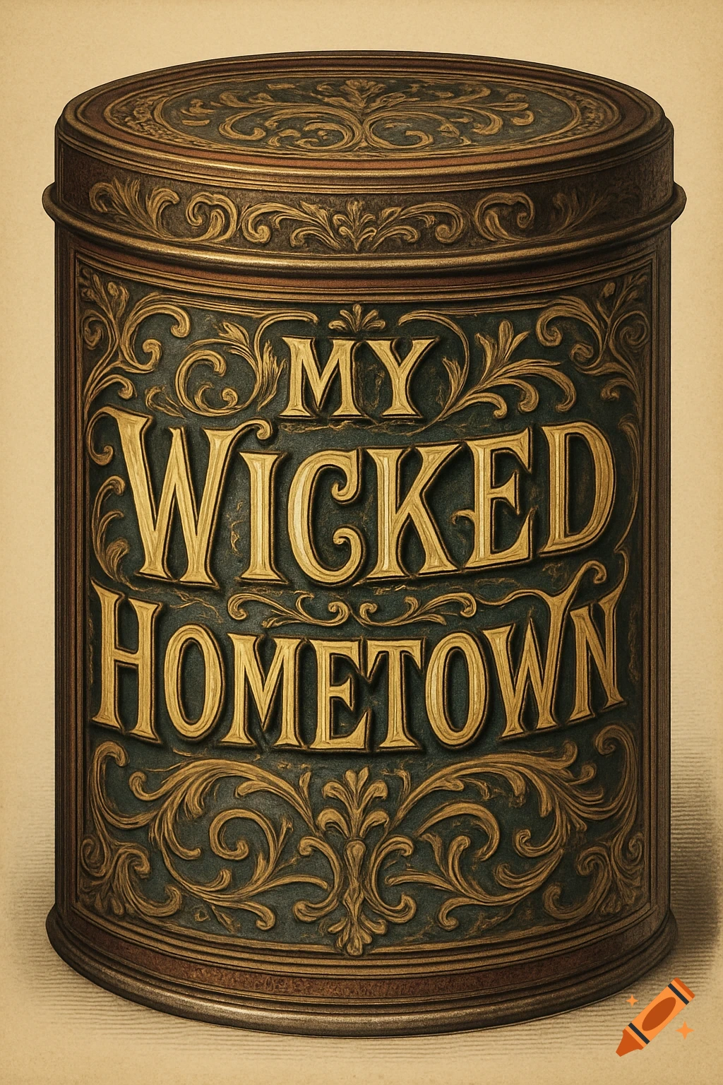 Ornate dark green and gold Victorian-style tin with raised gold text reading 'MY WICKED HOMETOWN' on its side.