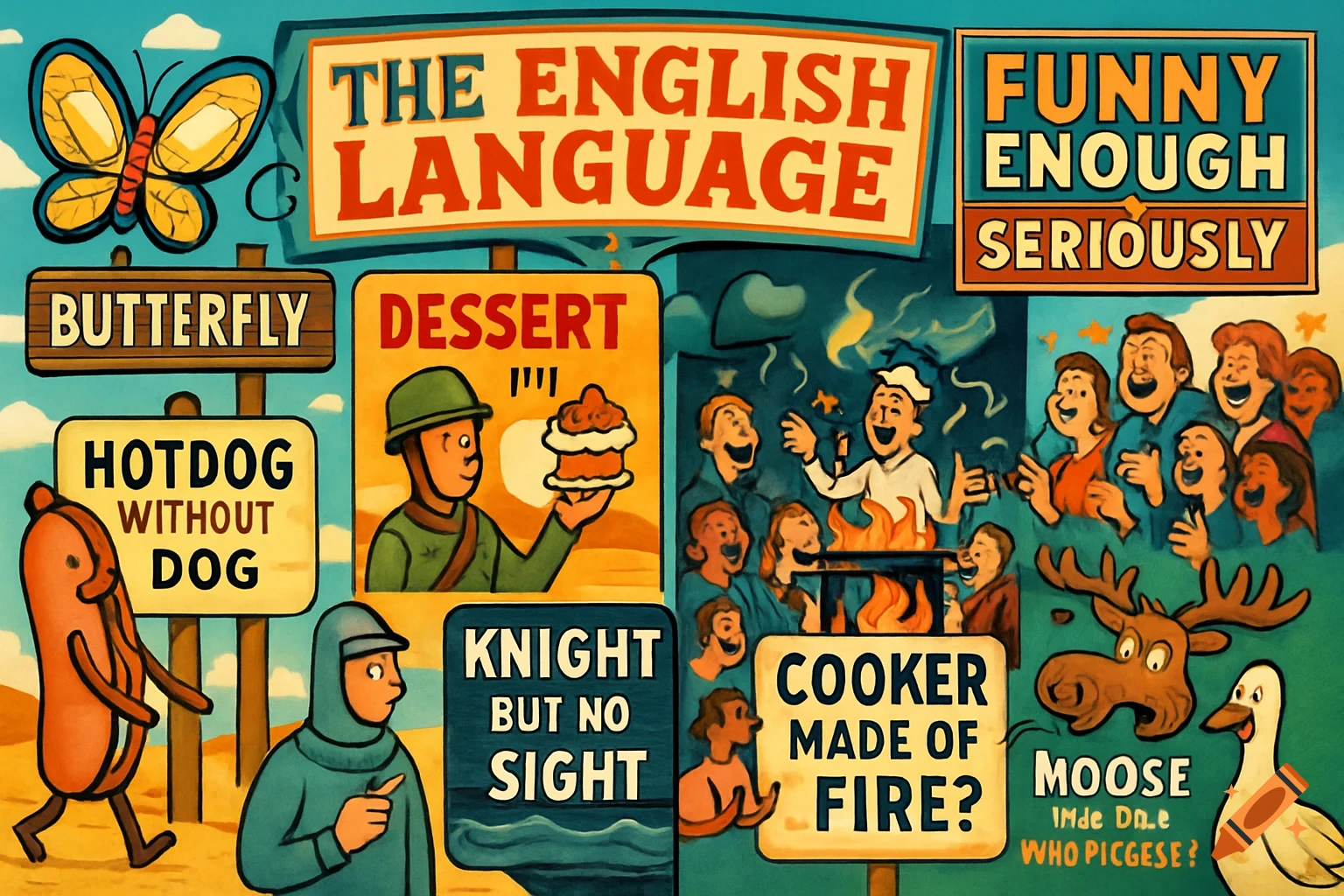 A colorful cartoon collage illustrating English language quirks with signs, a butterfly, a hotdog, a soldier, a knight, people cooking, laughing crowd, a moose, and a goose.