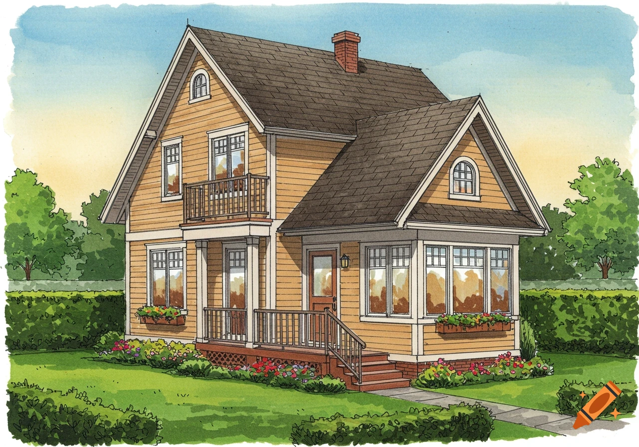 Watercolor illustration of a cozy yellow house with a brown roof, porch, balcony, and a green garden with flowers.