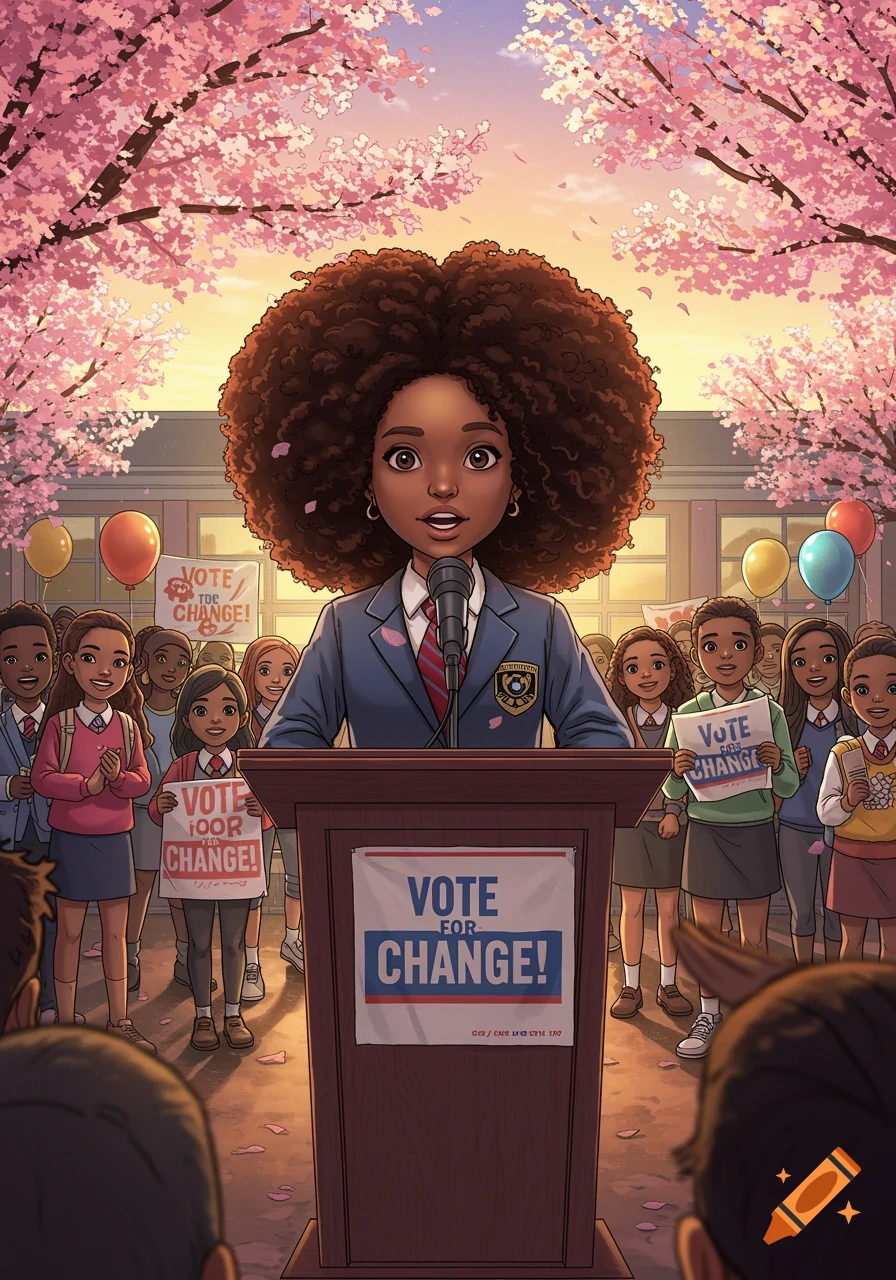 Anime illustration of a young Black girl giving a speech at a podium, surrounded by children holding 'Vote for Change' signs under cherry blossoms.