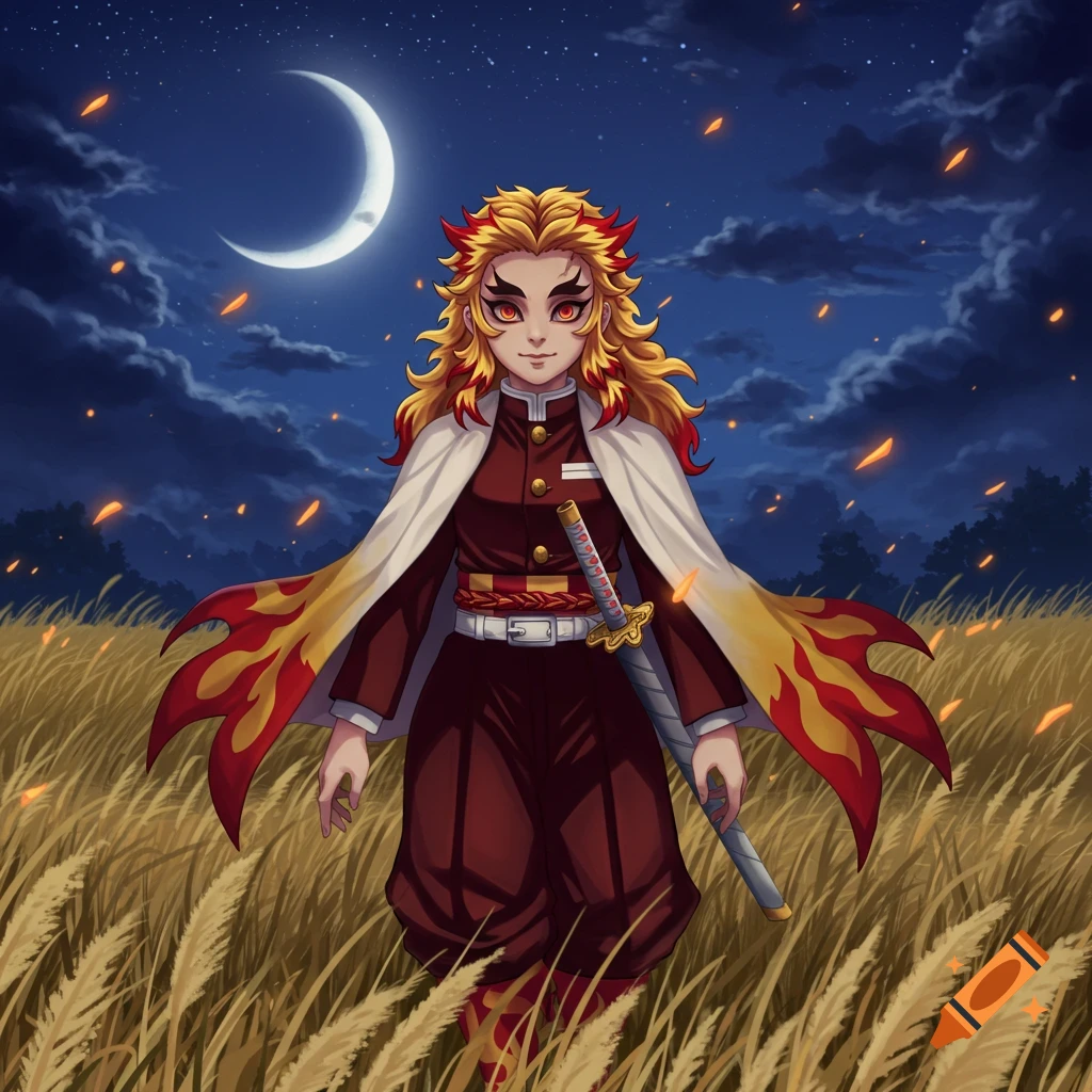 An anime character with fiery blonde and red hair, wearing a white cape with flame patterns, stands in a field of tall grass at night under a crescent moon with floating embers.