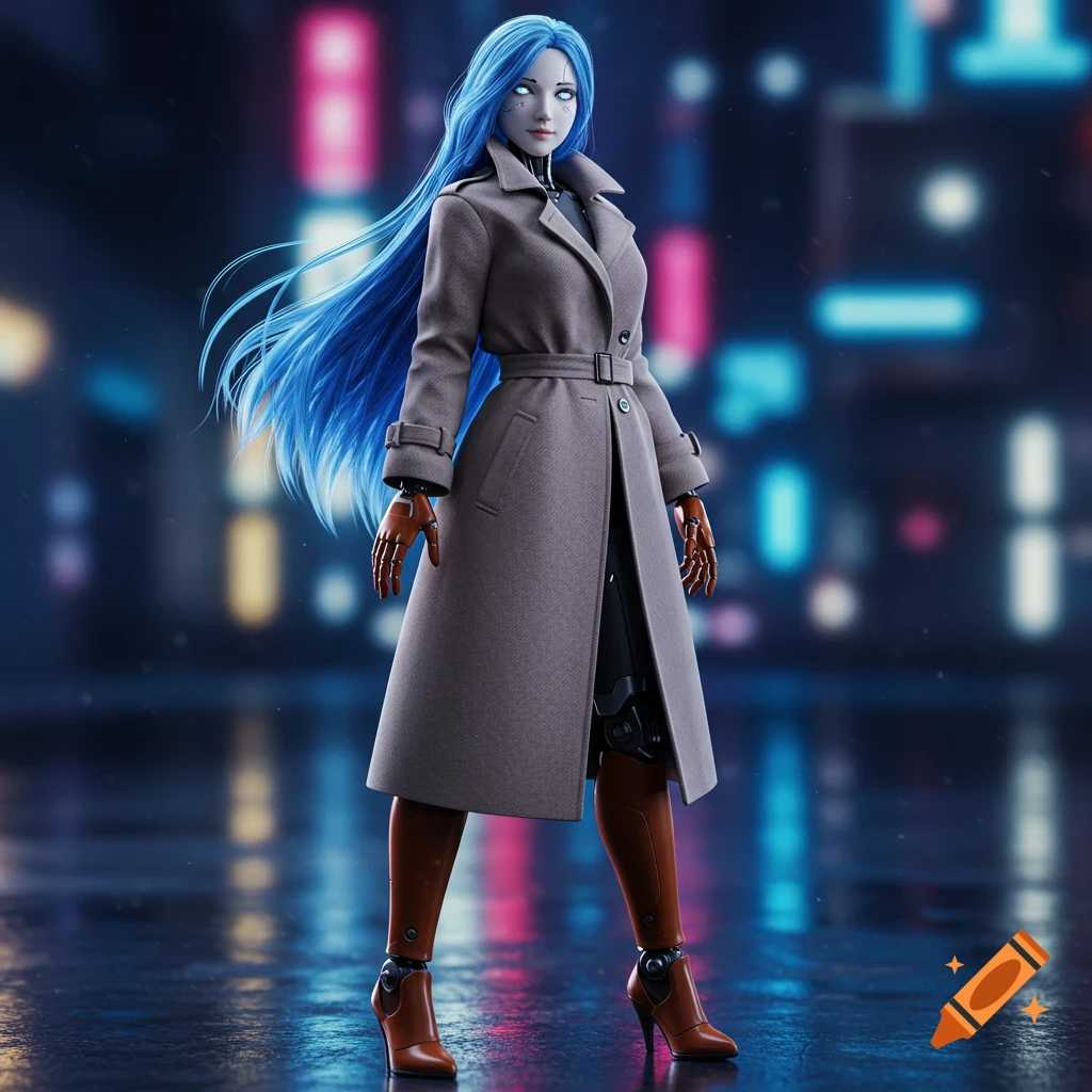 A full-body shot of a female android with long, flowing blue hair and glowing white eyes, wearing a grey trench coat, brown gloves, and brown high-heeled boots, standing on a wet street with blurred neon city lights in the background.
