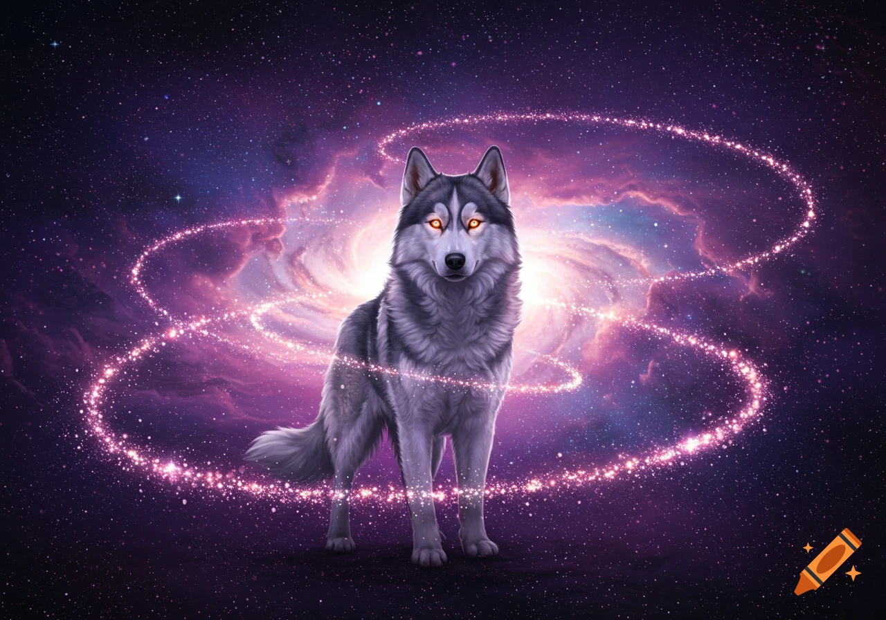 A stylized grey wolf with glowing orange eyes stands in a cosmic galaxy with pink swirling stardust.