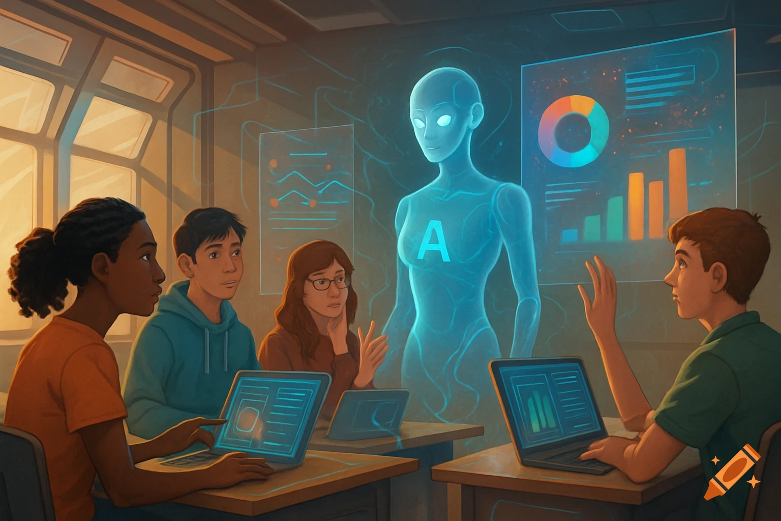 Illustrated diverse students in a classroom with a glowing holographic AI figure and futuristic screens.