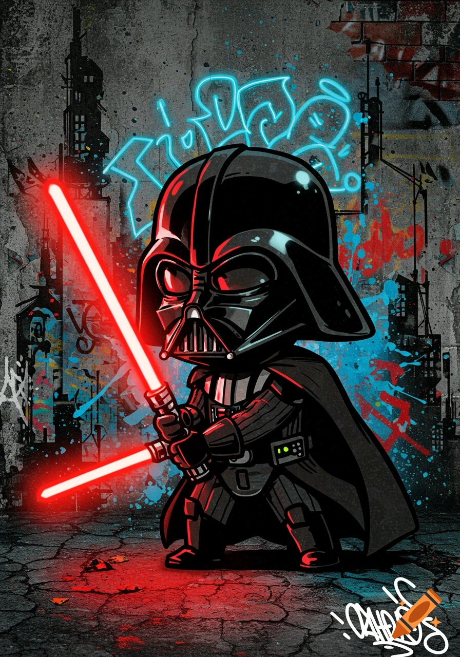 Chibi Darth Vader stands with two red lightsabers in a dark alley with vibrant graffiti on the walls. The style is cartoonish and urban.