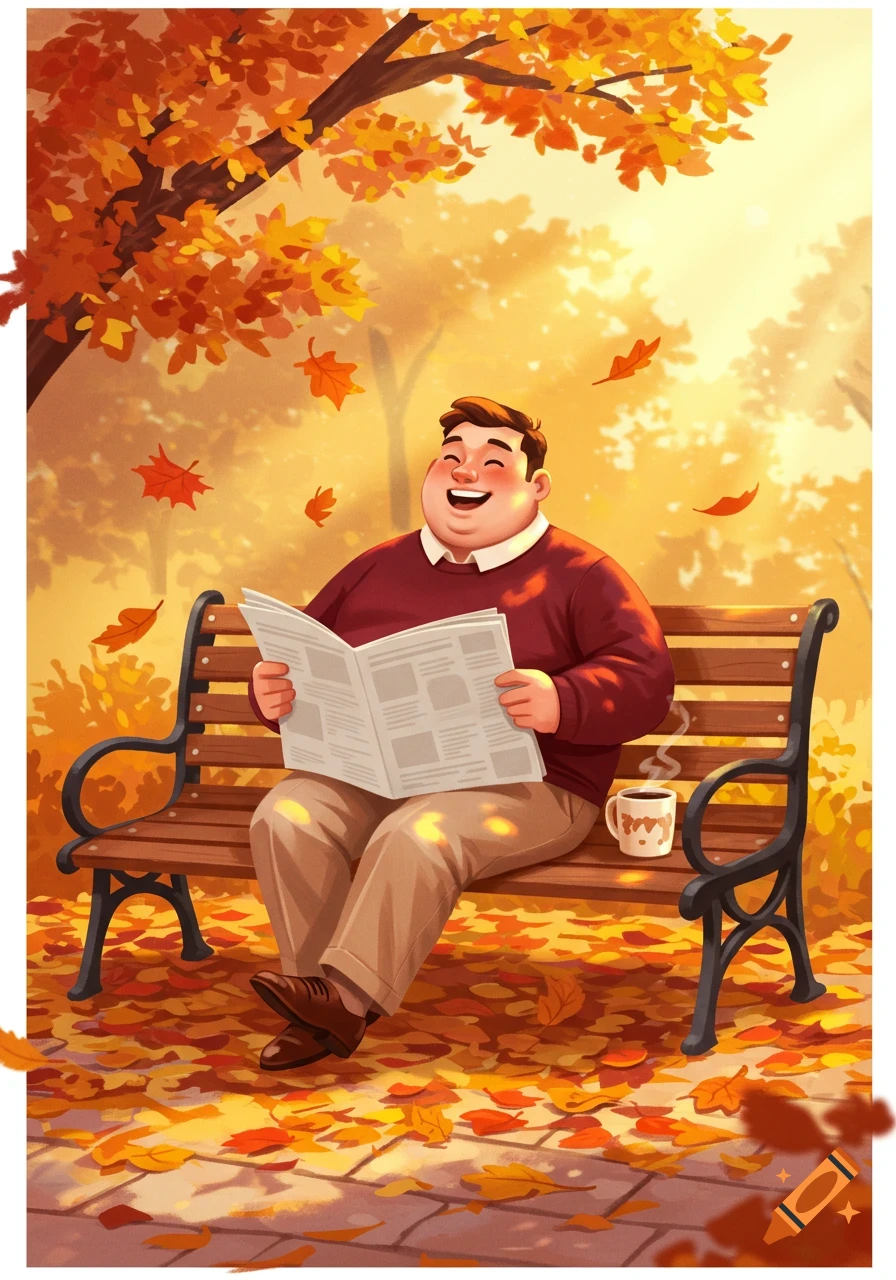 A smiling man sits on a park bench reading a newspaper, surrounded by fallen autumn leaves. A cup of coffee is beside him. Cartoon style.