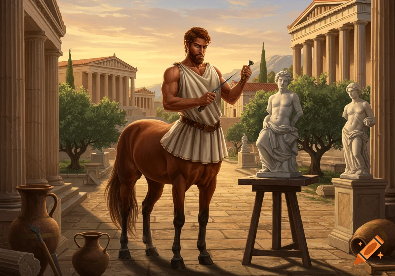 A handsome male centaur craftsman in Greek clothing carves a statue in an ancient Greek town at sunset.