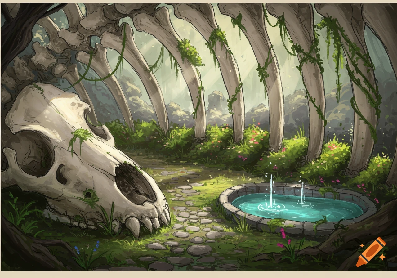 Illustrated fantasy scene of a giant animal skull and ribcage overgrown with plants, forming a hidden sanctuary with a fountain.