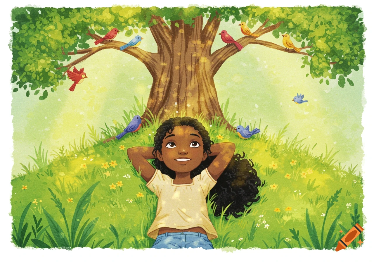 A young girl with dark skin and curly hair lies in green grass under a tree, smiling up at colorful birds in a watercolor style.