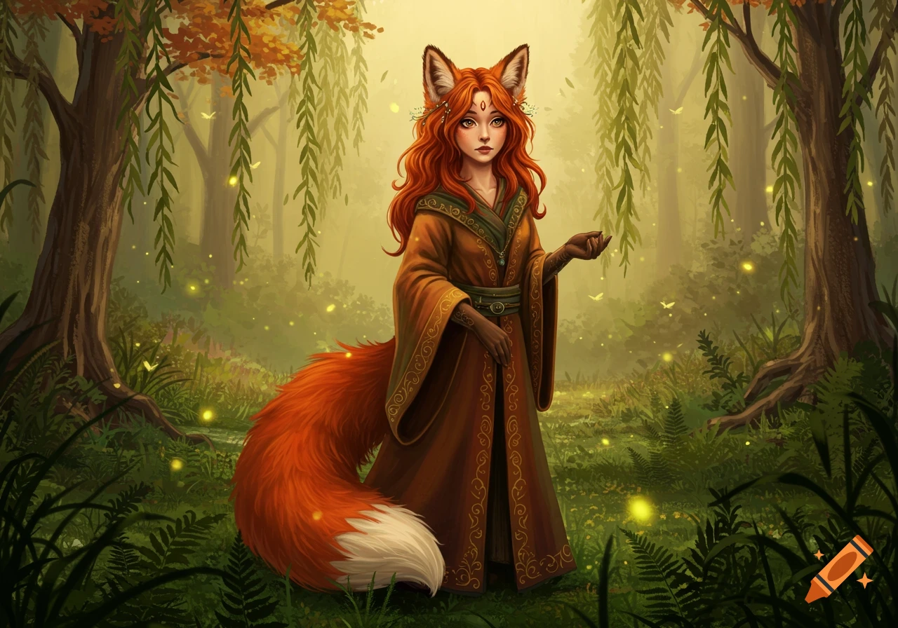 A red-haired fox girl in a brown robe stands in an enchanted forest with glowing fireflies, fantasy art.