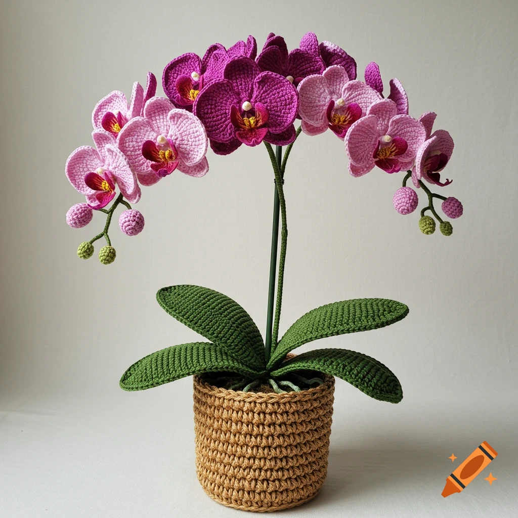 A vibrant crochet orchid plant with pink and purple flowers, green leaves, and a brown crocheted pot on a white background, in a craft photography style.